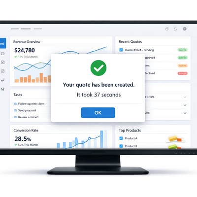 A computer clean and modern screen dashboard with an overlay pup up saying your quote has been created it took 37 seconds A computer clean and modern screen dashboard with an overlay pup up saying your quote has been created it took 37 seconds