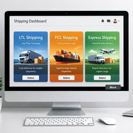 Modern and clean dashboard in a iMac screen with these tree options LTL FCL and Express shipping and the button more-1 Modern and clean dashboard in a iMac screen with these tree options LTL FCL and Express shipping and the button more-1